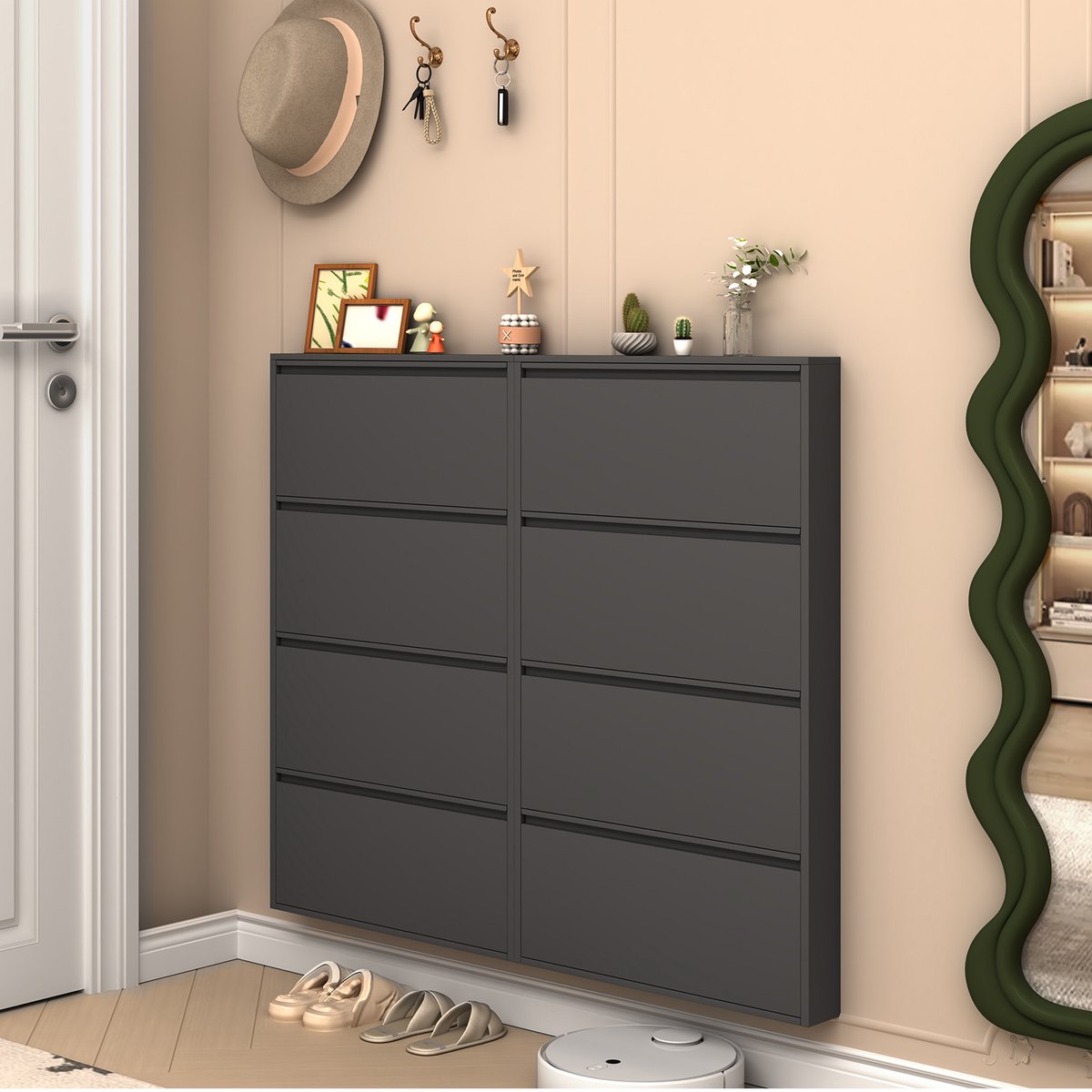 Wishdor Wandgemonteerde schoenenkast - 4 klepdeuren - Volledig stalen uitvoering - Smal zwart - Voor hal en entree - Modern ruimtebesparend - 144x 80 x 15 cm