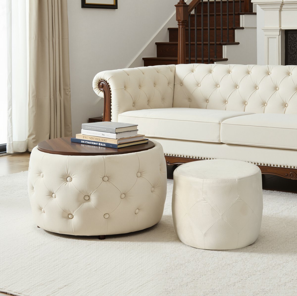 Wishdor Hocker set 2-delig - Nestbaar met opbergruimte en houtblad - Voorgemonteerd 4-in-1 - Klassiek - Woonkamer slaapkamer hal - Fluweel - Beige - 60 x 60 x 38 cm