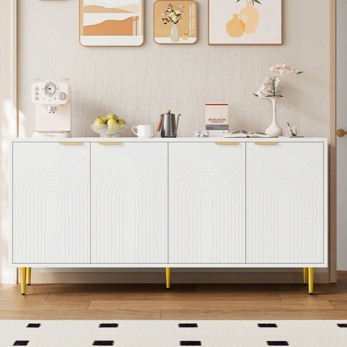 Wishdor Dressoir met 4 deuren - Verstelbare planken en soft-close - Design met goudkleurige handgrepen - Woonkamer eetkamer slaapkamer - Wit - 160 x 40 x 80 cm