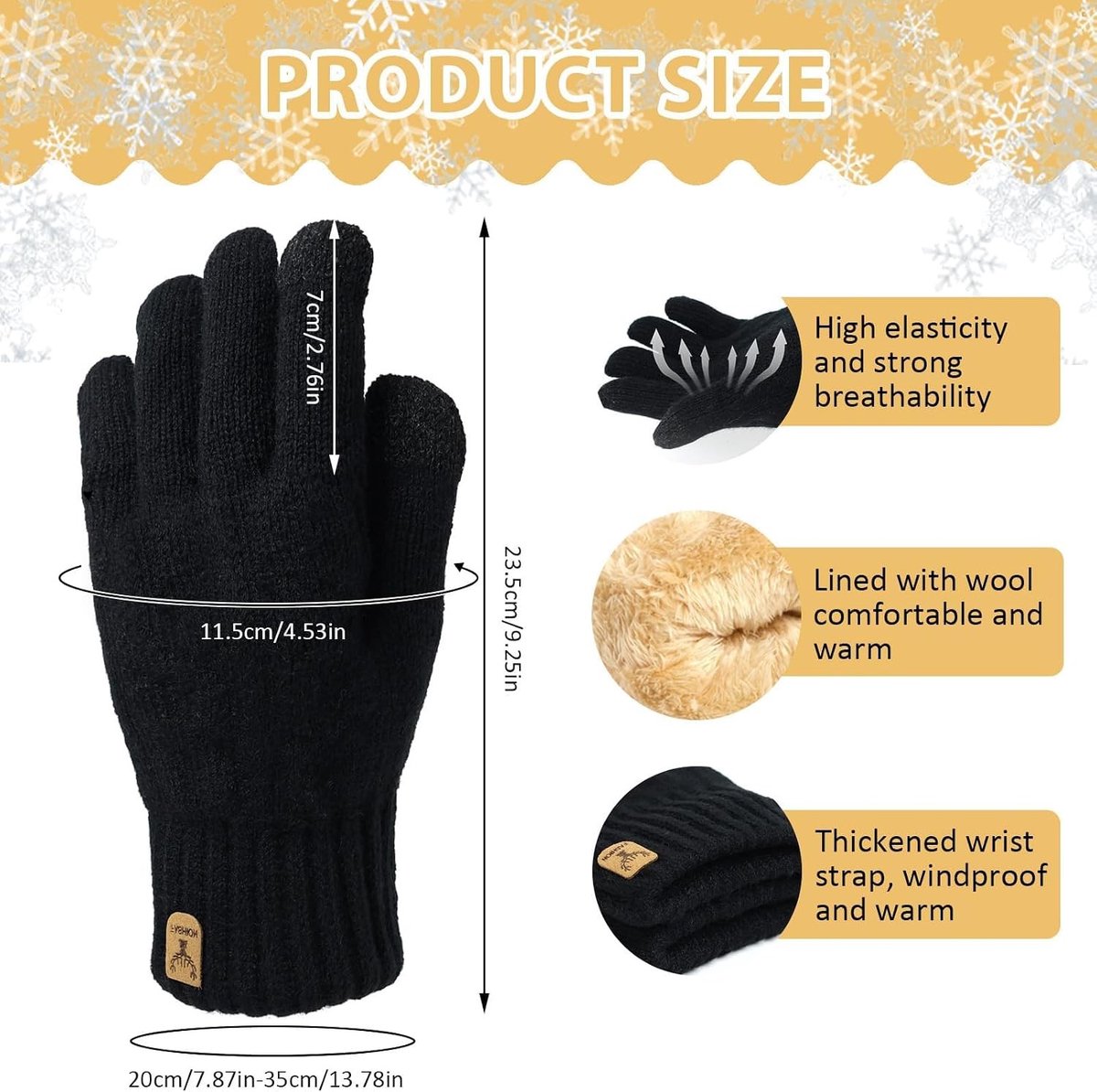 Winterhandschoenen - Zwart - Wol met Fleecevoering - Thermische Gevoerde Handschoenen voor Heren en Dames