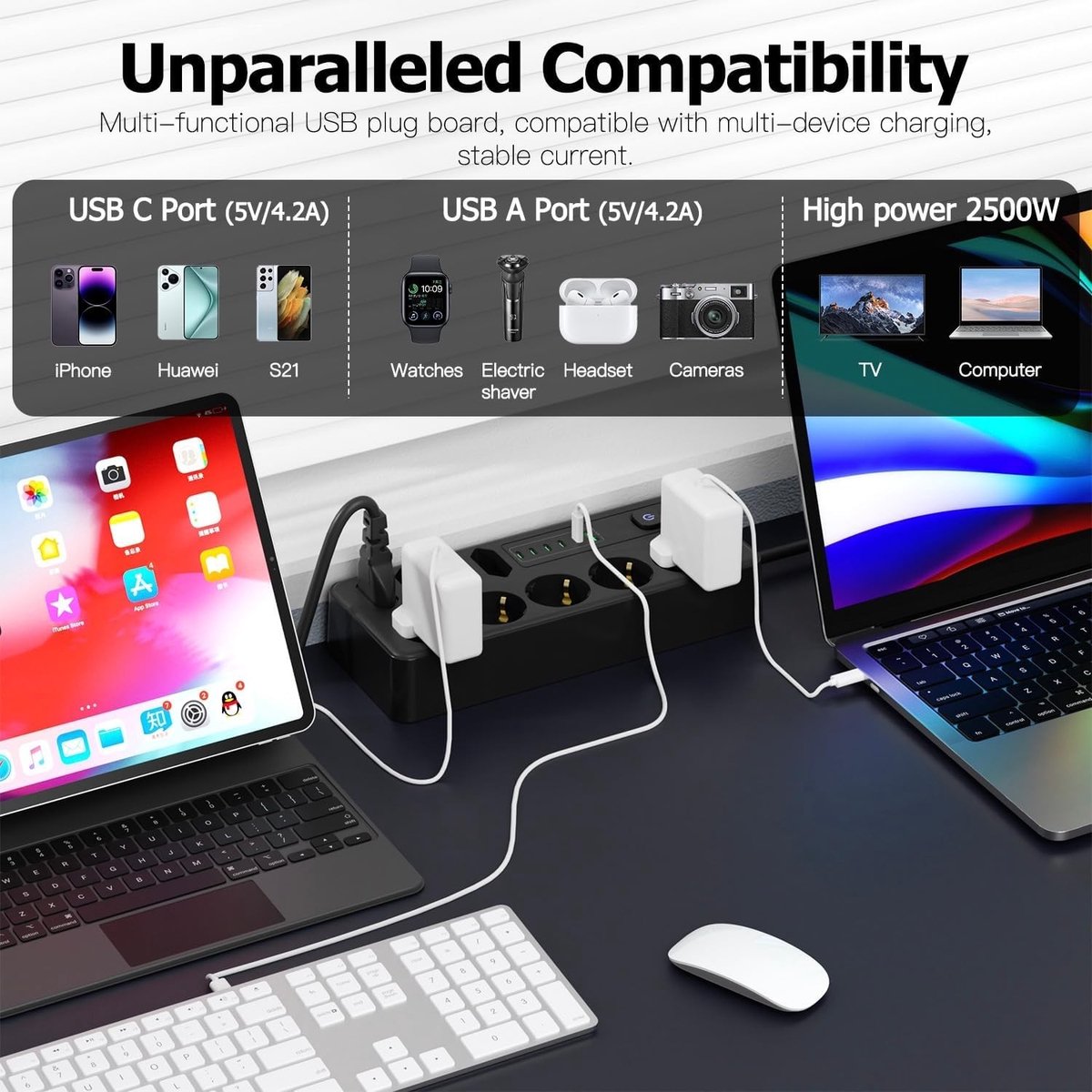 Stekkerdoos met USB - Zwart - 9 AC-uitgangen en 6 USB-poorten - Voor Bureau of Werkbank