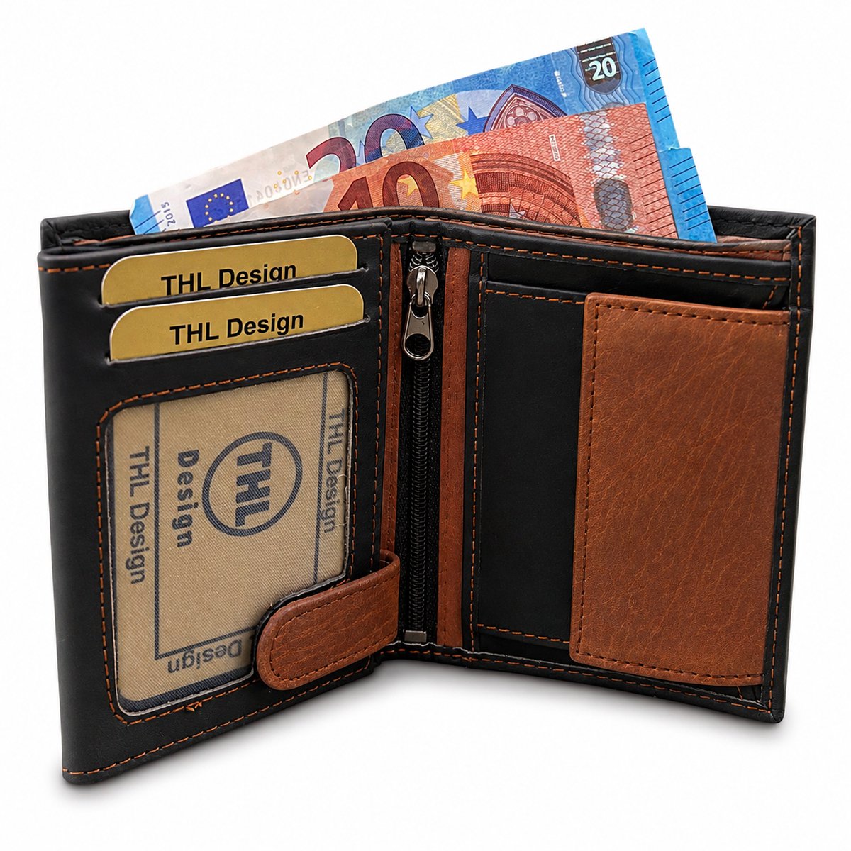 THL Design Leren Portemonnee Heren & Dames – Echt Leer – 12 Pasjes – Billfold – Zwart / Bruin