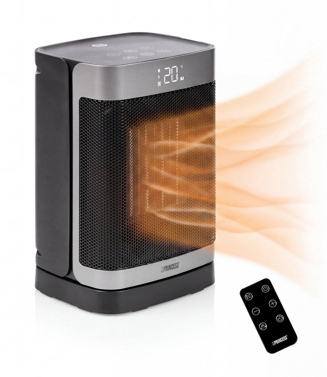 Princess Keramische Kachel 1500W - Ceramic Heater - PTC Verwarming - Timer 1-24 uur - Afstandsbediening - Oscillatie 60° - Zwart/Zilver - 344526