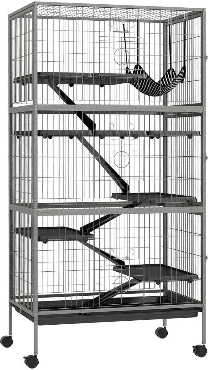 Famanu – Knaagdierkooi, multifunctioneel met 4 platforms, 3 hellingen en 4 deuren, afmetingen 80 x 52 x 159 cm, staal, zilvergrijs en zwart