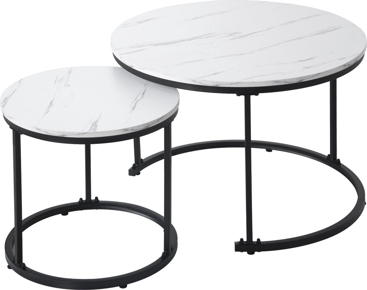 Ropilly Salontafel Set Van 2-Ronde Bijzettafel Set-Ruimtebesparend-Stapelbaar-50 kg Draagkracht – Woonkamer Interieur – 70,5x50 cm-Wit Marmer