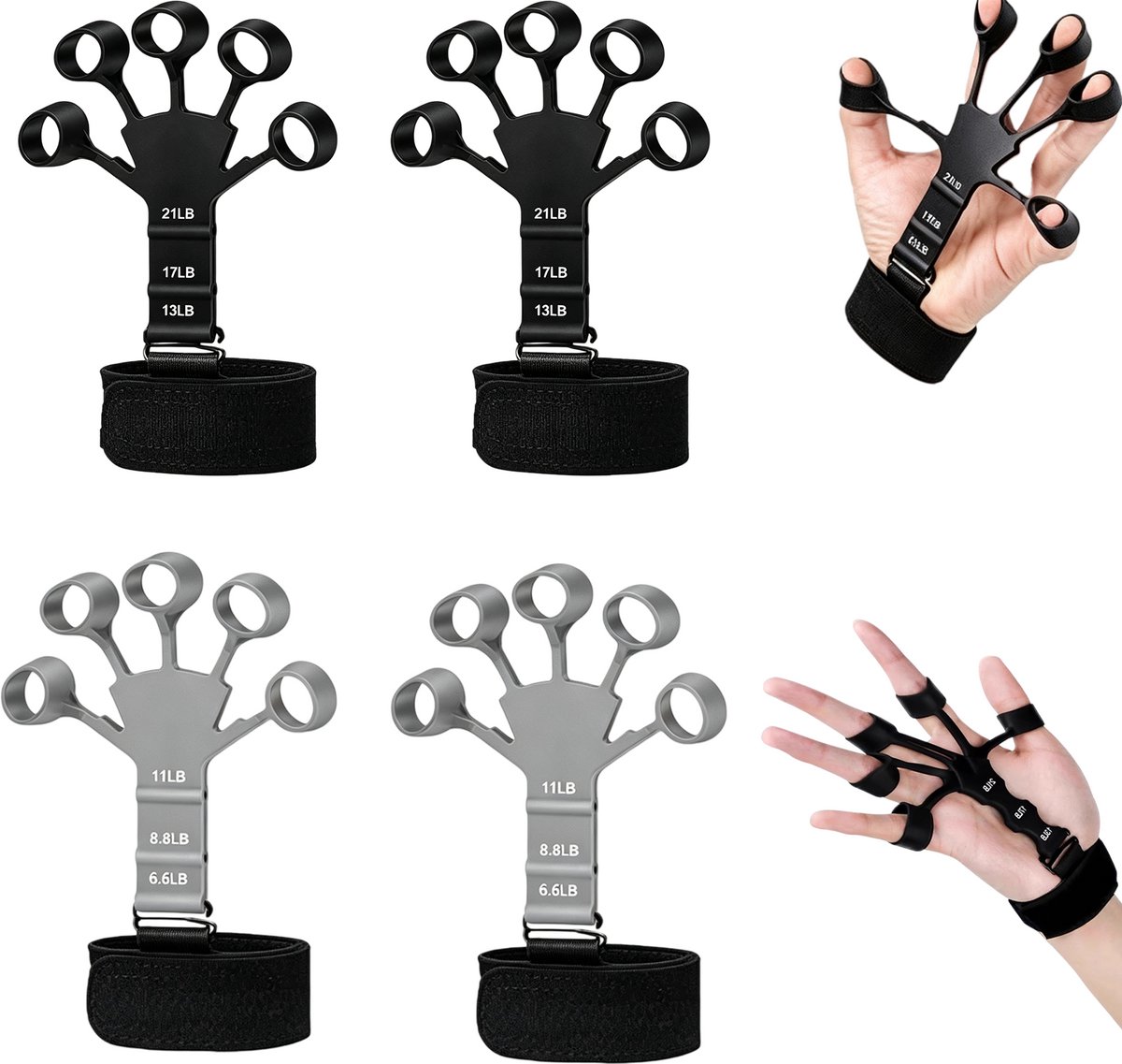 4 stuks - Vingertrainer - Vingerstrekker - Vingerweerstandsband - Handtrainer - Verstelbare gripversterker - Vingerrevalidatietrainer - Spierversterker voor arm en pols - Zwart + Grijs - Geschikt voor gitaristen, wandelaars en typisten
