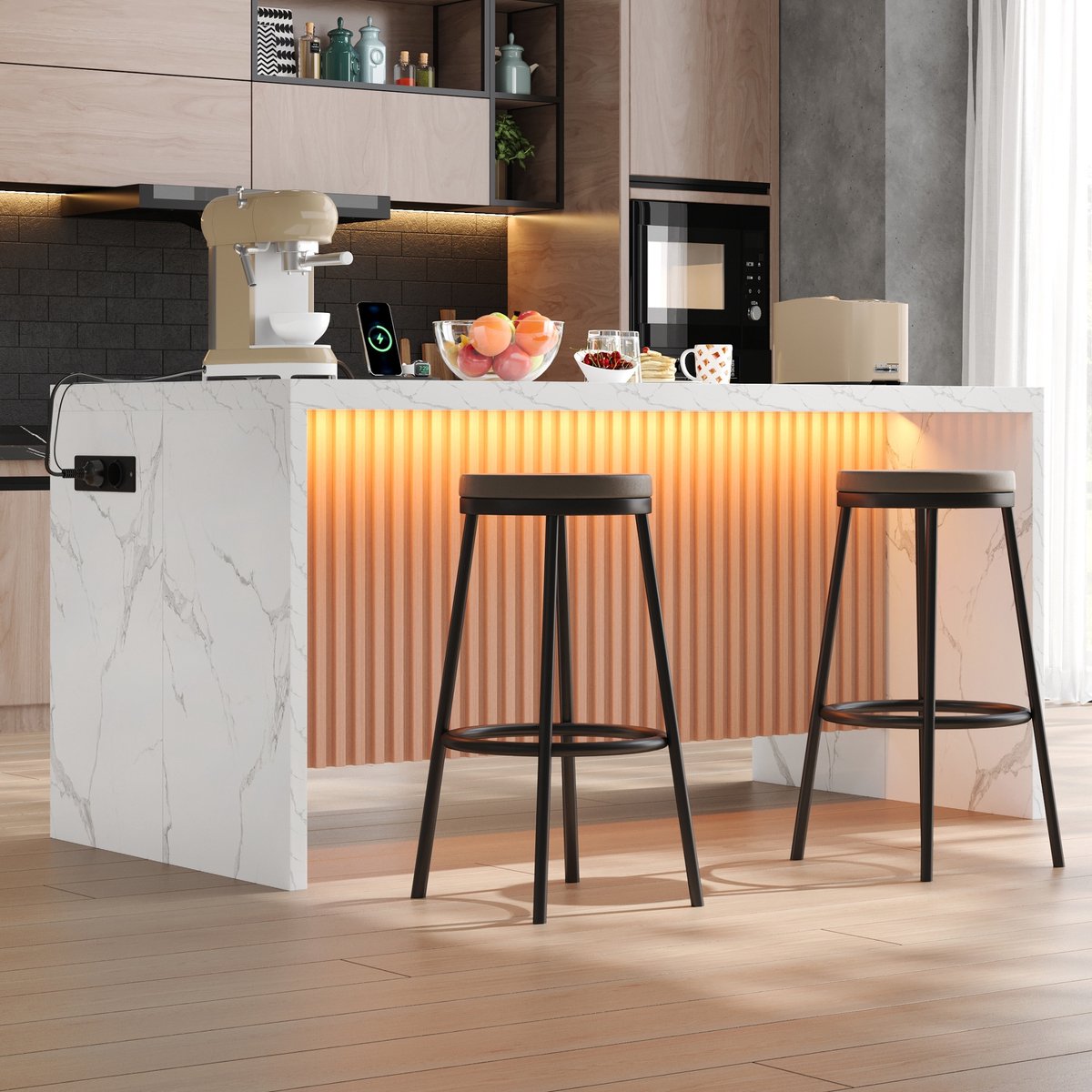 VVBV Bartafel 155x80x90 cm - LED-Verlichting, USB-C, Stopcontact - Wit/Naturel, MDF