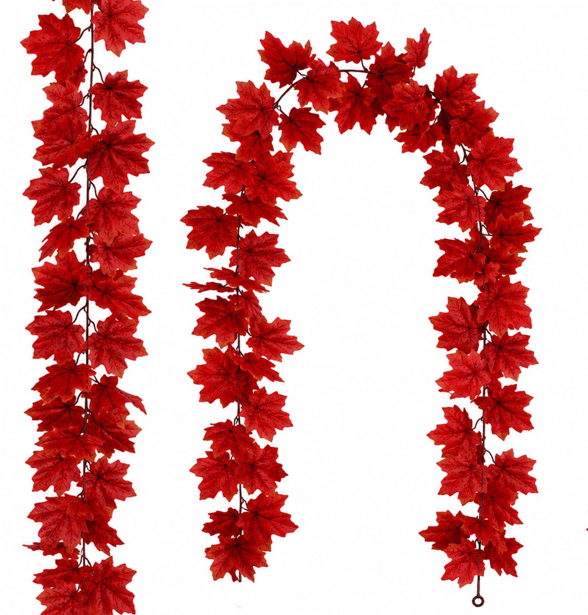 2 Stuks Kunstmatige Esdoorn‑bladeren Krans - 350cm Herfstdecoratie - voor Binnen en Buiten - Halloween en Thanksgiving Versiering - Realistische Herfstbladeren - Kunststof - eenvoudig op te Bergen - Rood