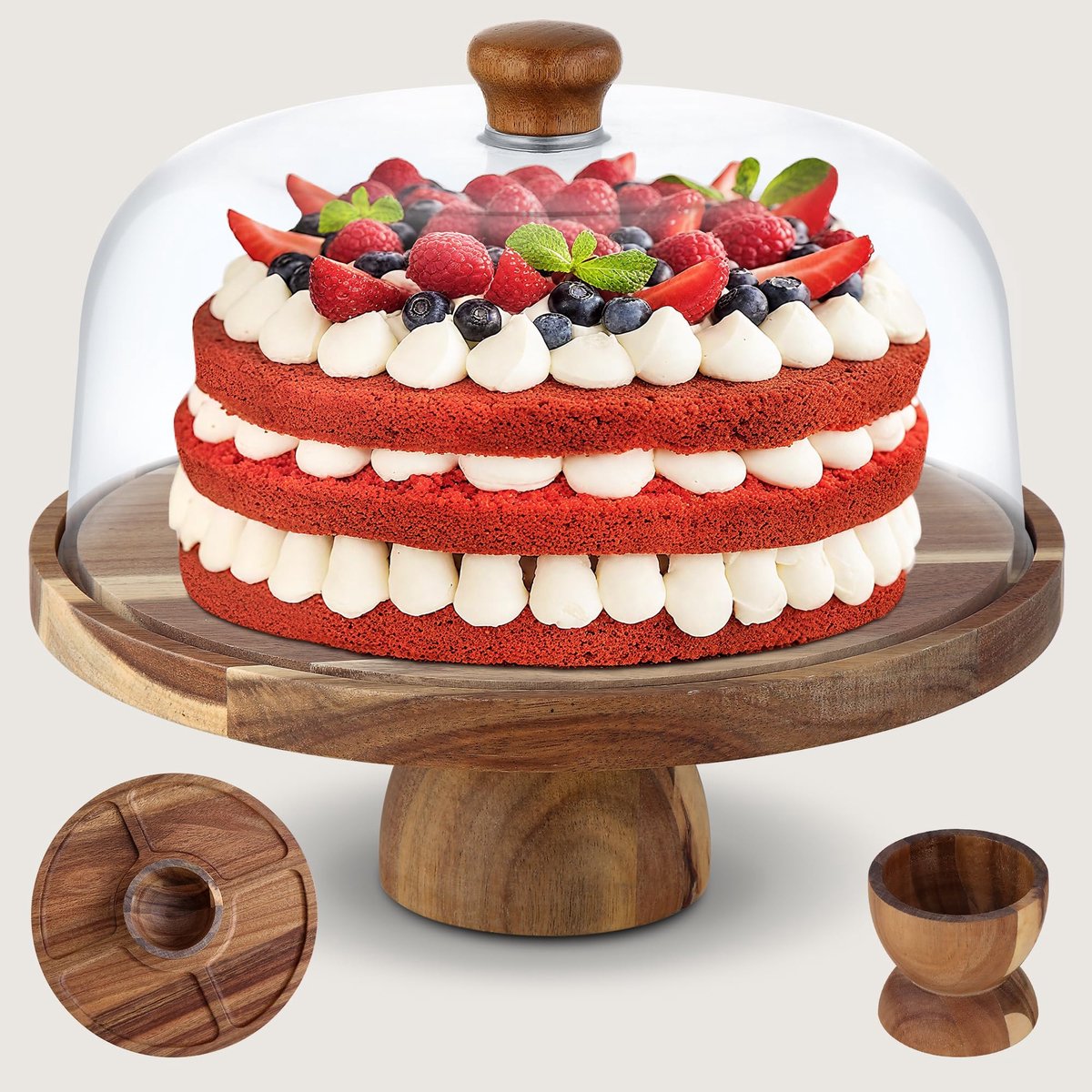 Famanu – Houten taartstandaard van 30 cm, dubbelzijdige serveerschaal voor taart, fruit en snacks met afneembare basis en transparante stolp, perfect voor feesten