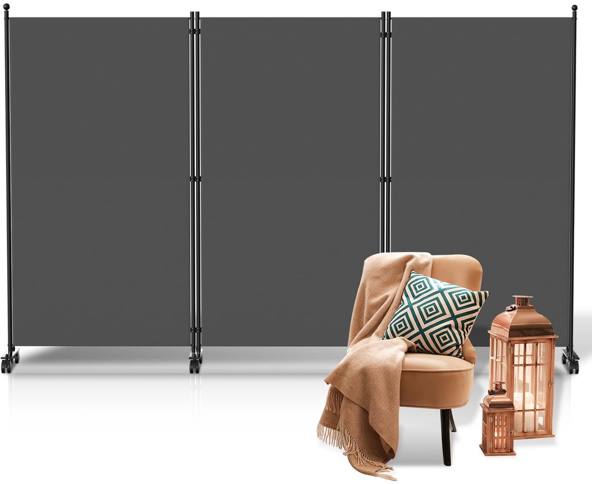 Famanu – Windscherm voor buiten, scheidingswand op wielen, 3-delig, weerbestendig, afmetingen 263 x 181 cm, kleur antraciet