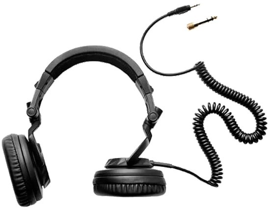 Zwarte DJ koptelefoon met verstelbare hoofdband en spiraalkabel met 3,5 mm en 6,35 mm adapters.