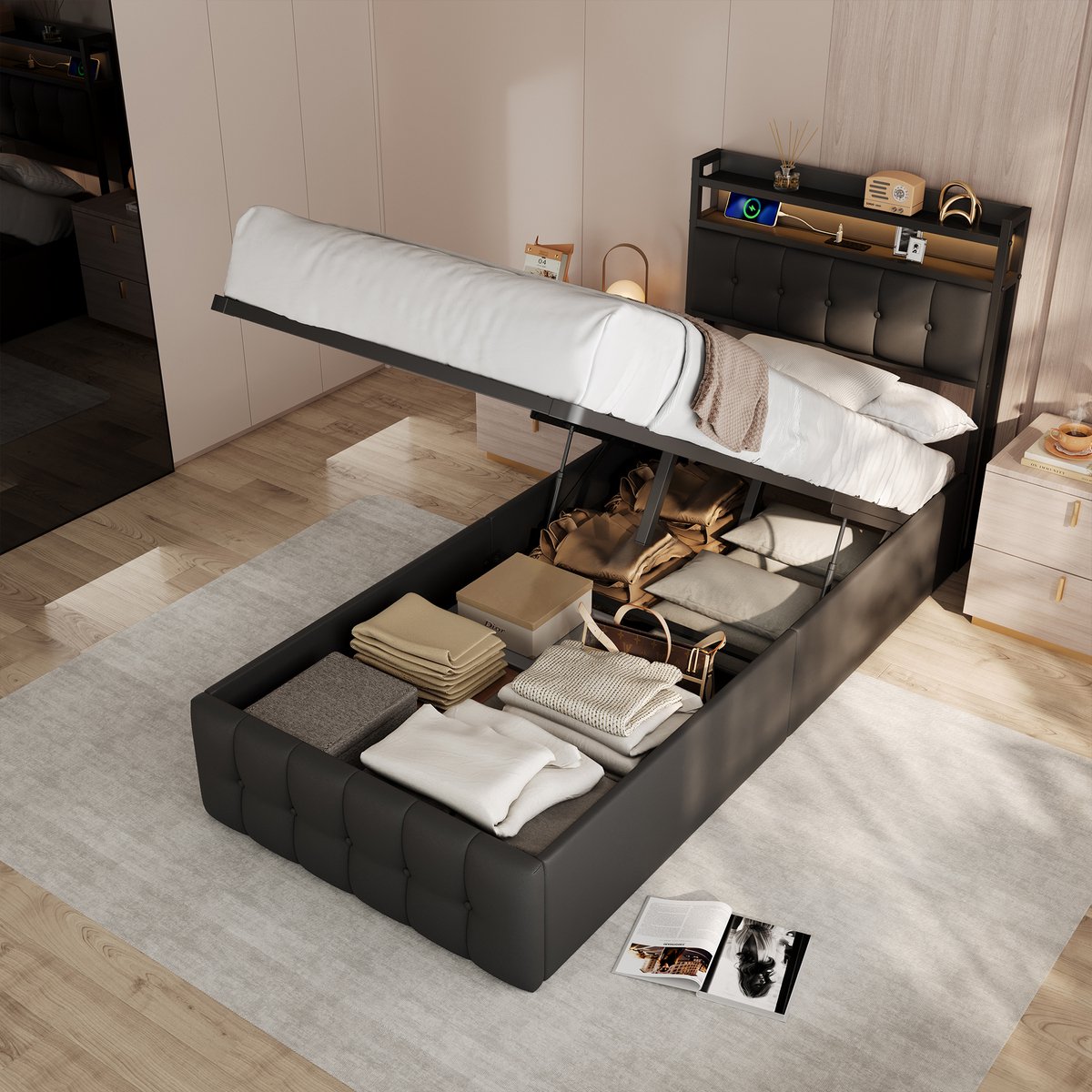 Bedframe 90x200 cm met Opbergruimte en LED - Eenpersoonsbed - PU Leer - Zwart - met USB-C Oplaadpunt en Hoofdbord