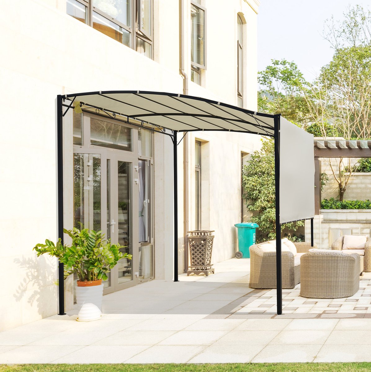 Pergola Klapbaar Met Verstelbaar Zijdak 300 x 250 x 250 cm Staal Polyester Crèmewit Zwart Voor Terras En Tuin