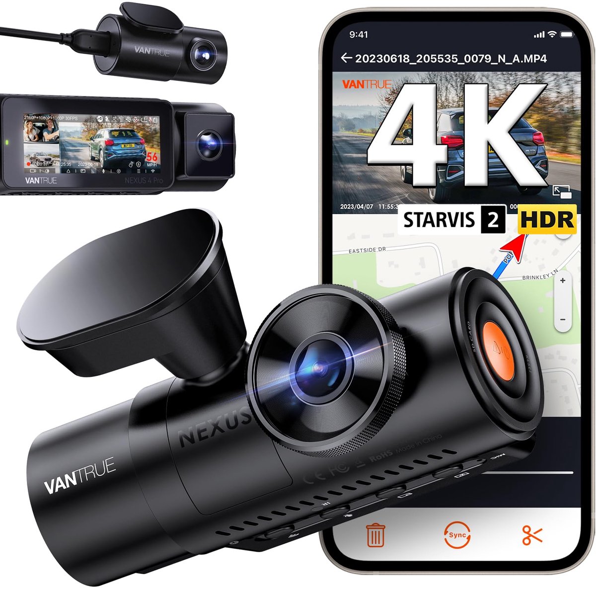 Dashcam 4K 3-kanaals auto camera met IR nachtzicht WiFi GPS parkeermodus 512GB