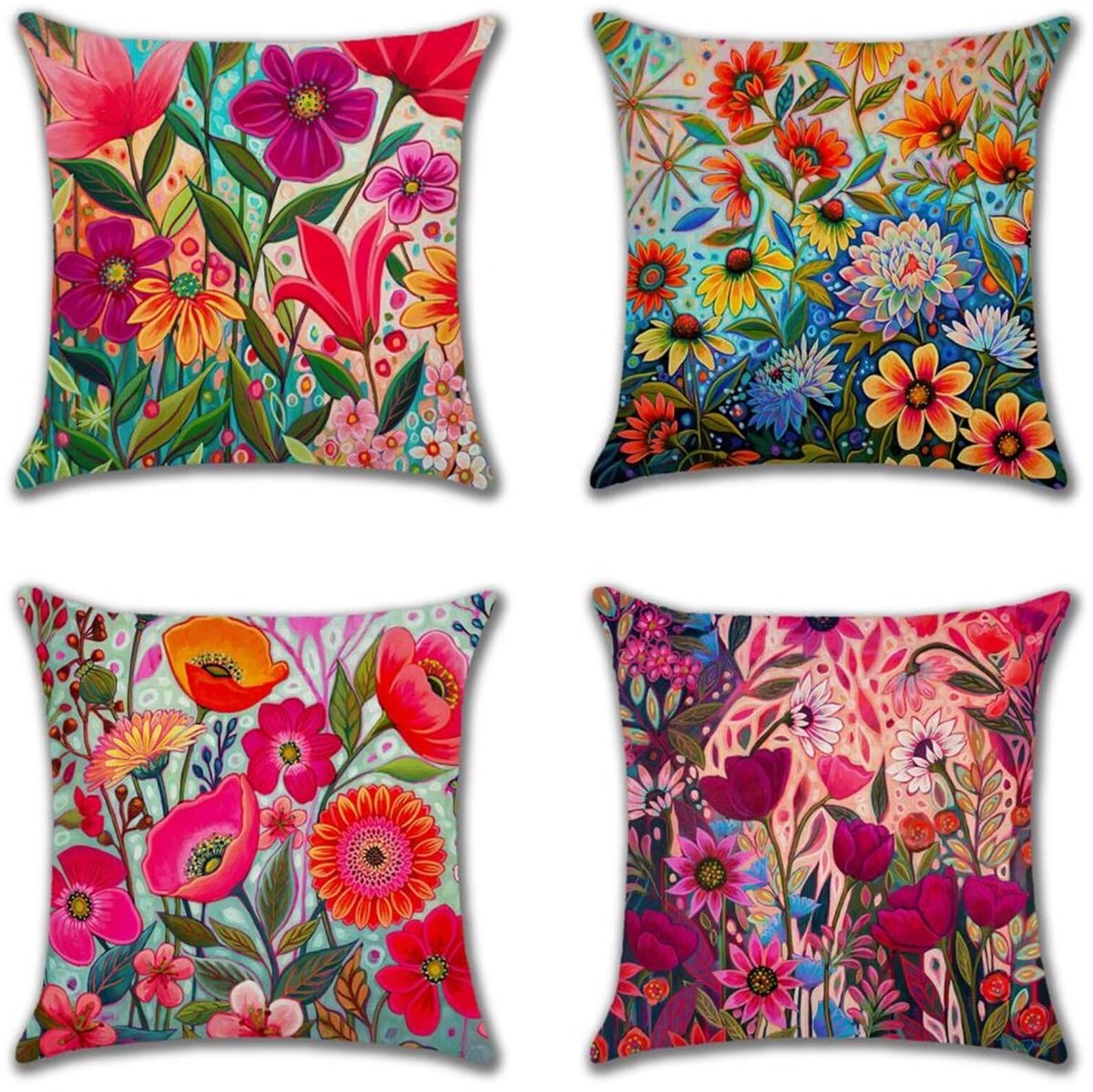 Famanu Kussenslopen set van 4, 40 x 40 cm, linnen met kleurrijke bloemen, decoratieve kussens voor woonkamer, slaapkamer en tuin Zwart