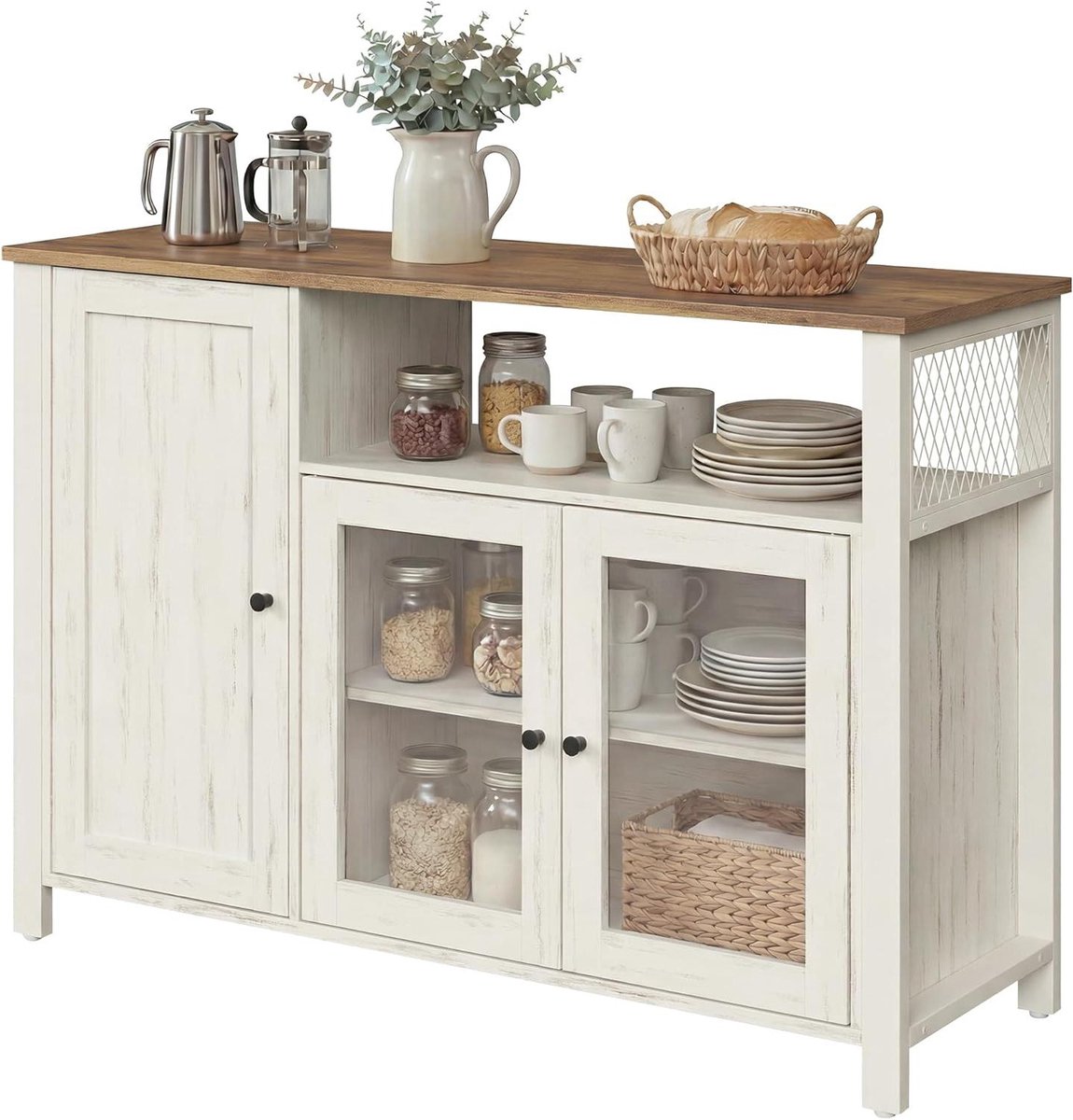 Opbergkast met deuren - Keukenkast dressoir - Woonkamer inrichten - Verstelbare planken - 110 x 75 cm - Honingbruin wit