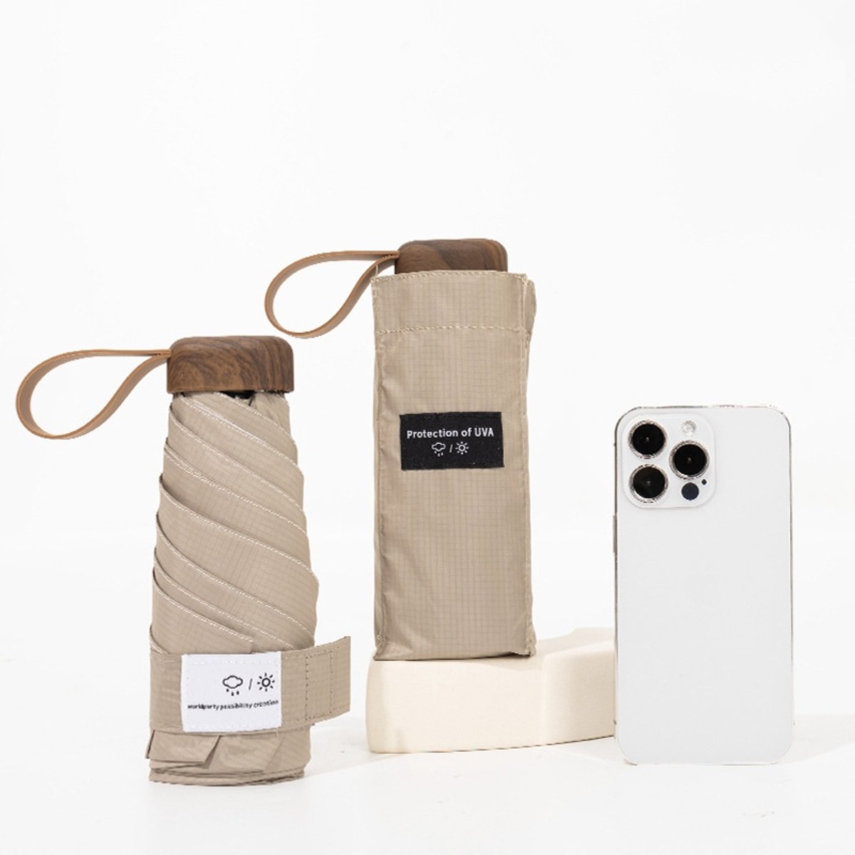 TinyTin® mini paraplu - Sandstone Beige - zakparaplu - opvouwbare paraplu - kleine paraplu - reisparaplu - Uv Ultraviolette Bescherming