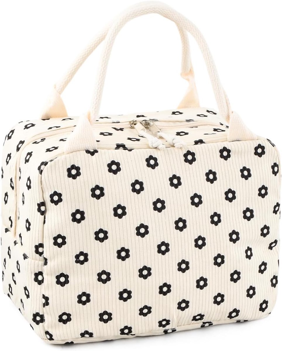 Ruime Geïsoleerde Lunchtas voor Werk, School, Picknick en Reis - Herbruikbare Koeltas in Beige Chrysanten