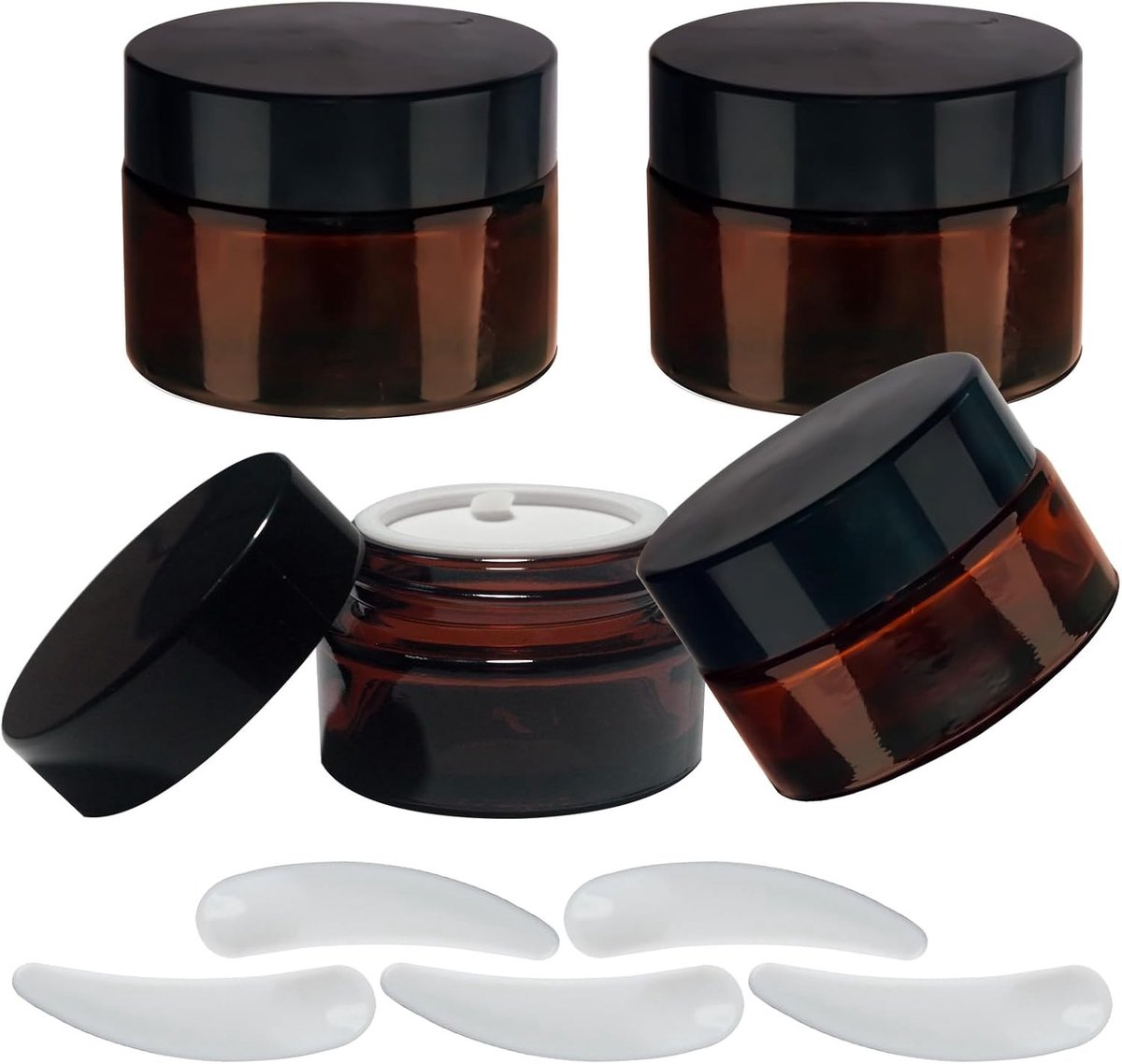 Set van 4 Lege Cosmetische Glazen Potjes van 20 ml, Amber Kleur, Inclusief 5 Spatels en Deksel voor Crèmes, Lotion en Make-up, Ideaal voor Reizen