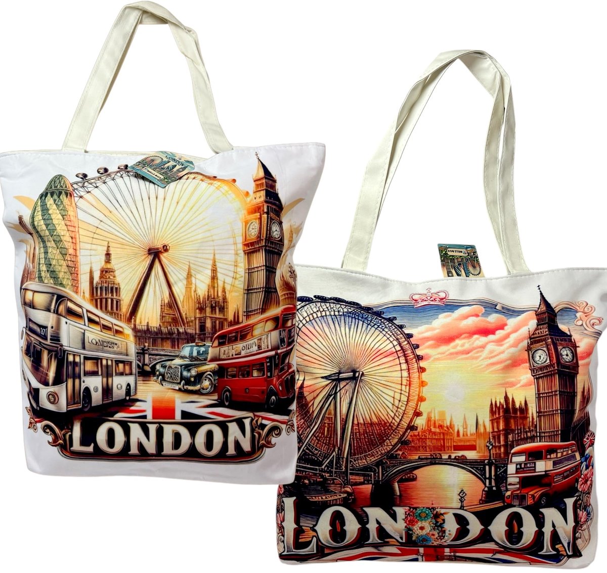 London Souvenir Bag - Union Jack Canvas Tote Bag - Herbruikbare Katoenen Hand Schouder Boodschappentassen, 2 X London - ShopVlot
