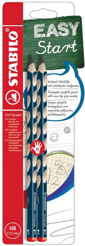 Emballage de 2 crayons STABILO EASYgraph bleu pétrole avec ovales beiges, design ergonomique, HB.