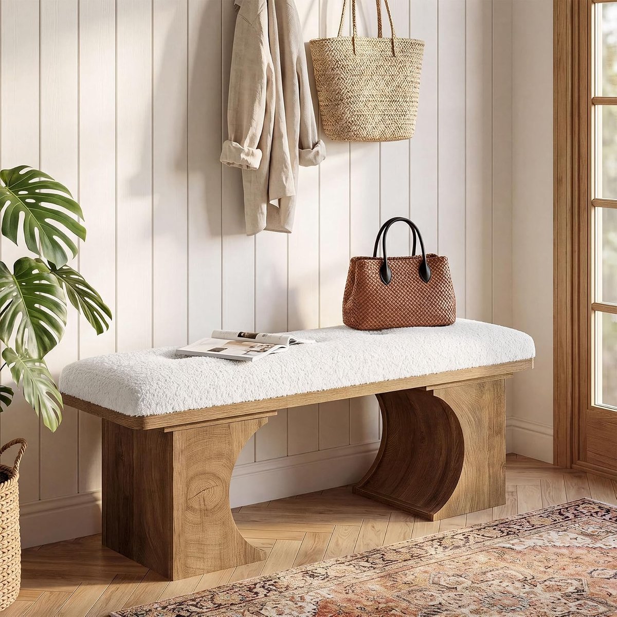 Tribesigns Gestoffeerde Bank - Bedbank - 120 x 35 x 45 cm - Moderne Rustieke Schoenenbank met Zacht Kussen en Gebogen Houten poten voor Slaapkamer, Voeteneinde, Woonkamer, Hal - Wit