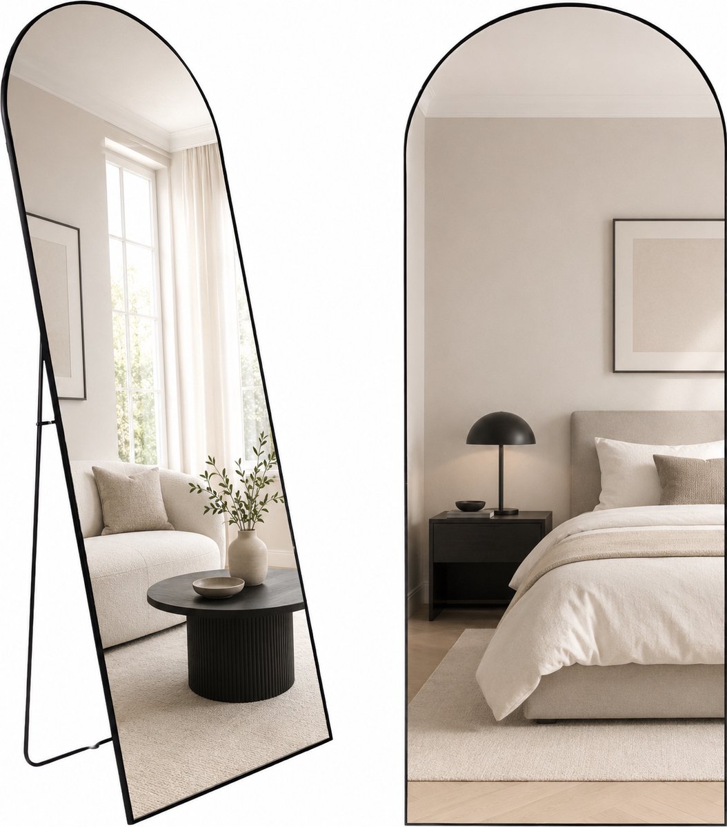 SensaHome Passpiegel - Minimalistische Design Wandspiegel - Staande Spiegel met Metalen Rand - Zwart - 150x50 CM