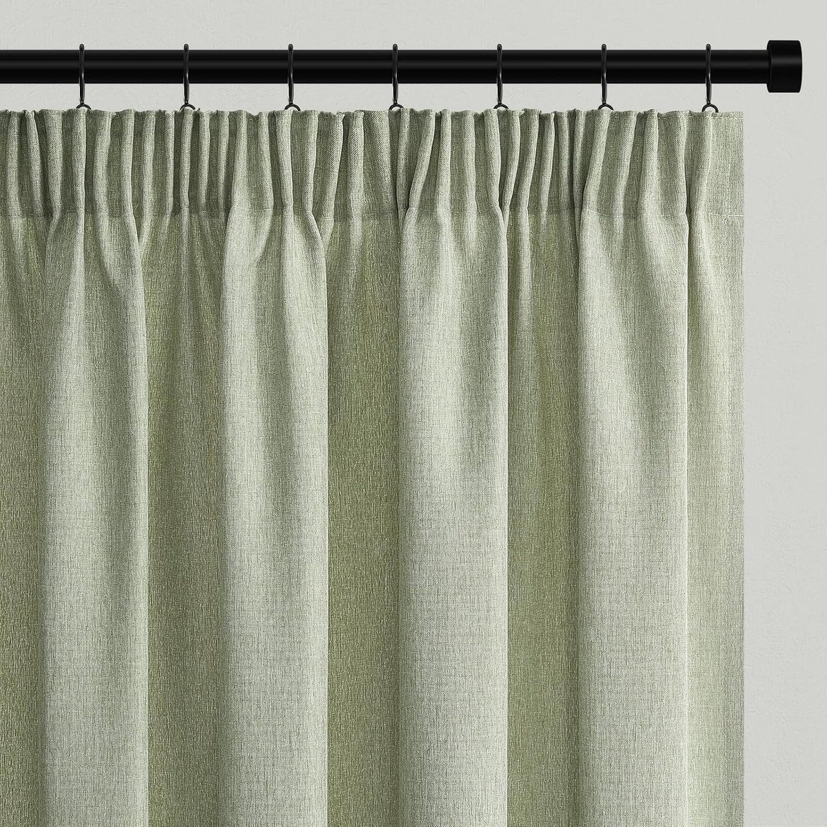 Saliegroene gordijnen met plooiband, woonkamer, gordijnen, linnenlook, halftransparant, lichtfiltergordijn, set van 2, H 225 x B 140 cm, boho, linnen gordijn voor slaapkamer, balkondeur