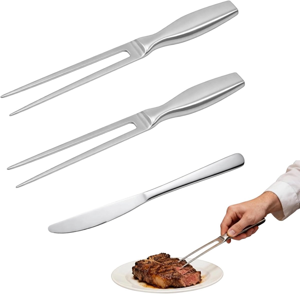 2 stuks vleesvork + tafelmes, vleesvork roestvrij staal 27 cm, tafelmes 30 cm, vorken, trancheervork, vleesmaler, grillvork, voor barbecue, keuken, kalkoen, braden, diner
