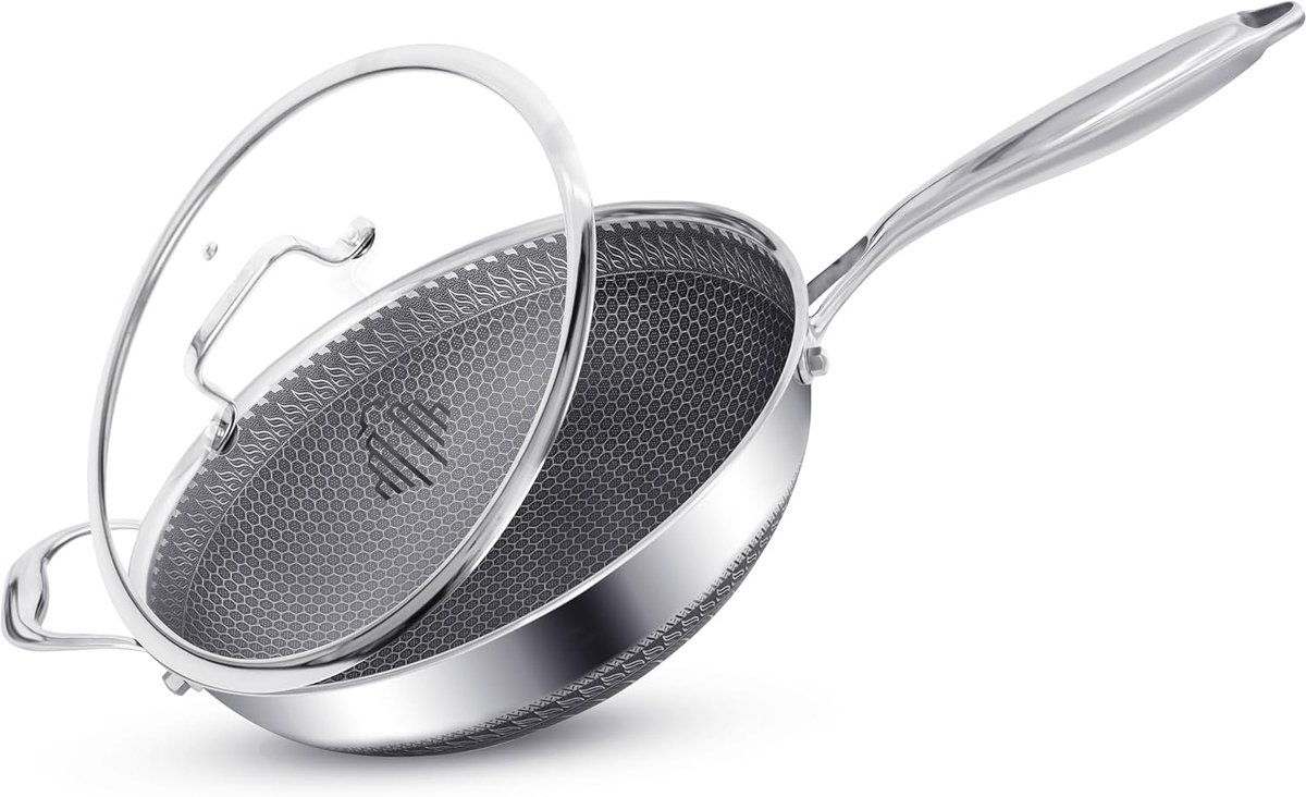 SnelShoppen - 28 cm RVS Wok met Deksel | 5L Anti-aanbak Pan voor Inductie en Oven | Vaatwasserbestendig, Krasbestendig | Grote Koekenpan voor Keuken e