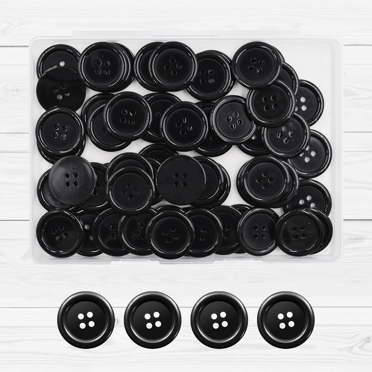 60 stuks zwarte hars knoppen, 1 inch ronde knoppen, 4 gaten platte achterkant naaien ambachtelijke knoppen voor doe-het-zelf project, naaien knutselen vervanging met een plastic opbergdoos
