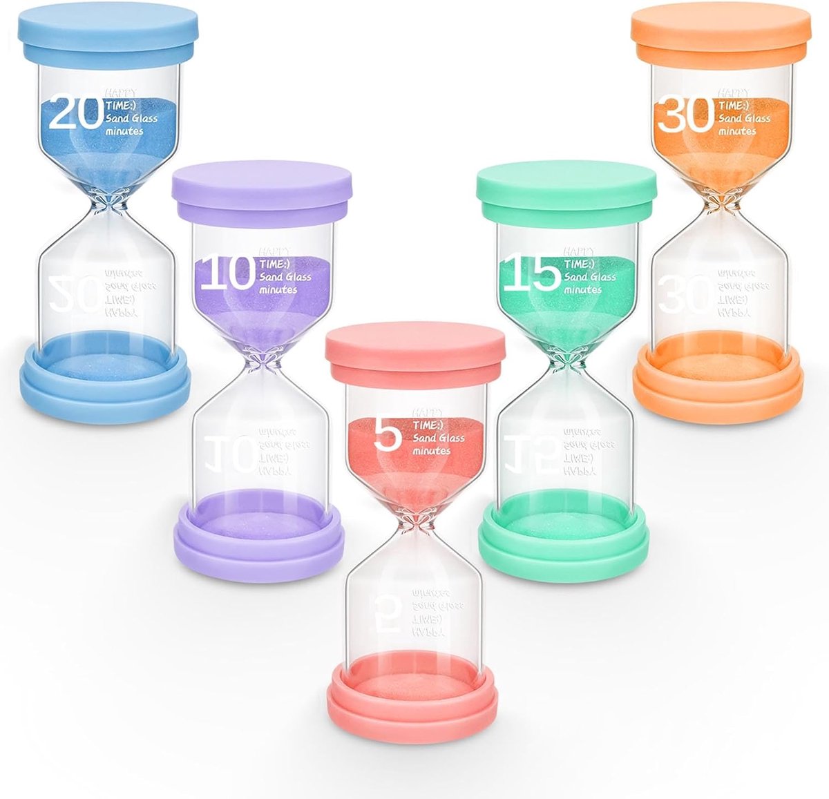 Set van 5 kleurrijke zandlopers voor kinderen, zandlopertimer van 5/10/15/20/30 minuten, zandloperset voor borstelen, spelletjes, keuken, kantoor, leren en oefeningen