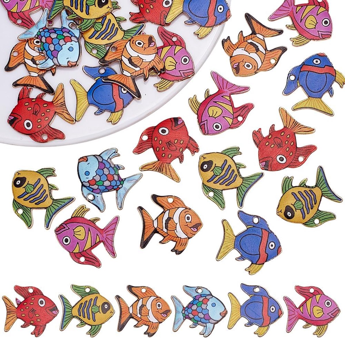 Arricraft 30 stuks metalen visafstandhouderkralen, 6 kleuren, bedrukte kleine schattige zeevis, hangers, oceaan, zomer, strand, bedels voor armbanden, oorbellen, halskettingen, sieraden maken