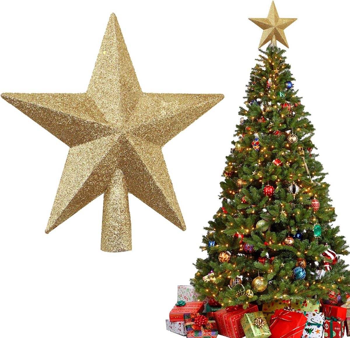 Kerstboompiek, gouden ster, 20 cm, lichtgevende ster voor kerstboom, van licht en stevig kunststof, kerstboompiek, decoratie voor natuurlijke of kunstboom