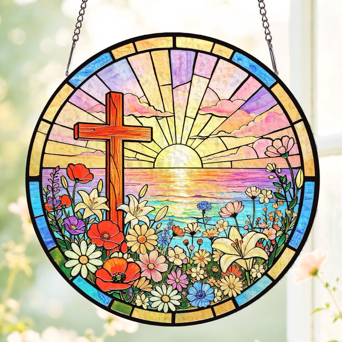 Glazen zonnevanger voor ramen, zonsondergang, 20 x 20 cm, met sterke zuignap, kruis, wilde bloemen, uniek patroon, raamhangende decoratie voor woonkamer, slaapkamer, kleurrijke decoratie