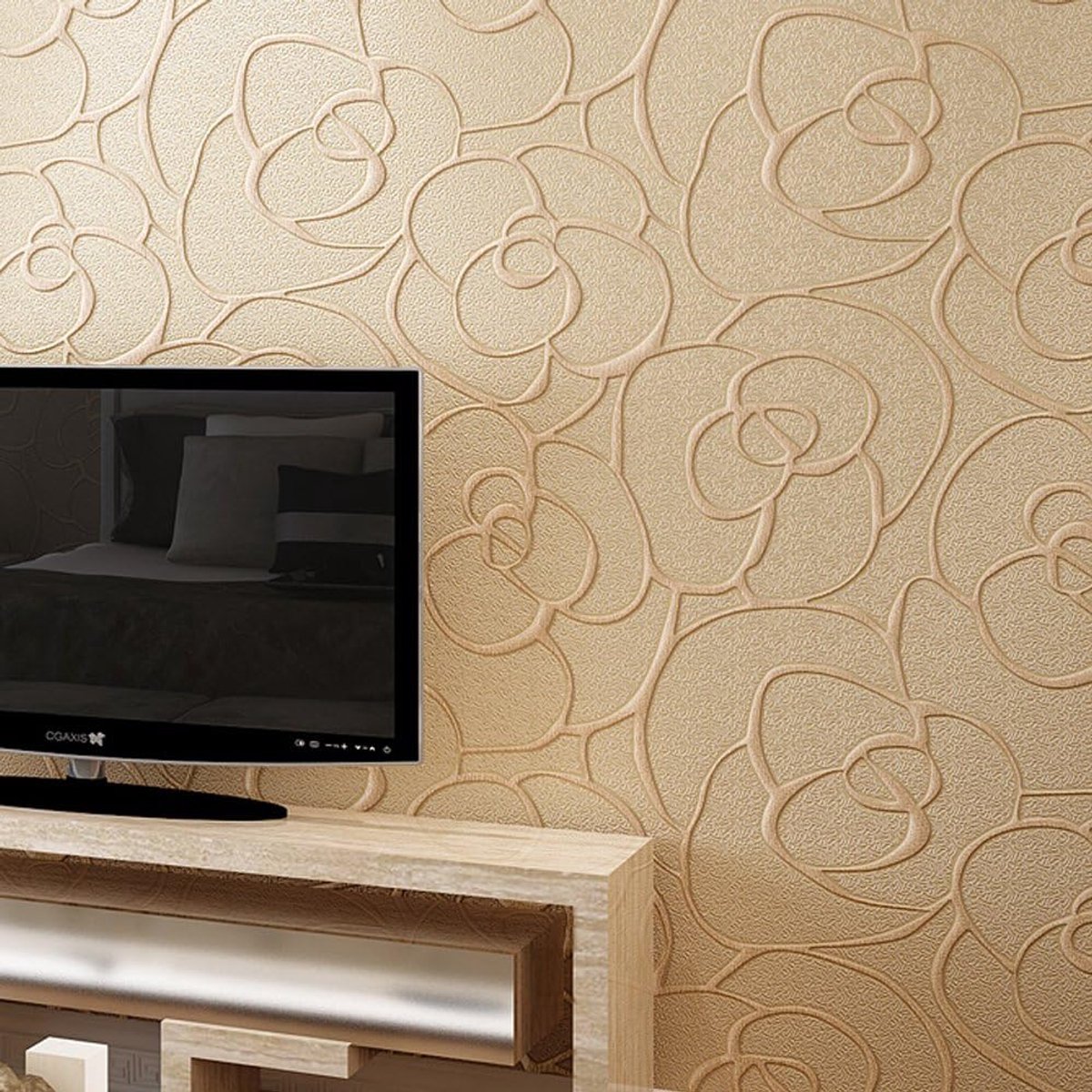 Moderne minimalistische 3D roos bloem niet-geweven diep reliëf getextureerde woonkamer slaapkamer behang rol beige kleur 0,53 m (1,73 ' W) x 10 m (32,8 'L) = 5,3 m2 (57 sq.ft)