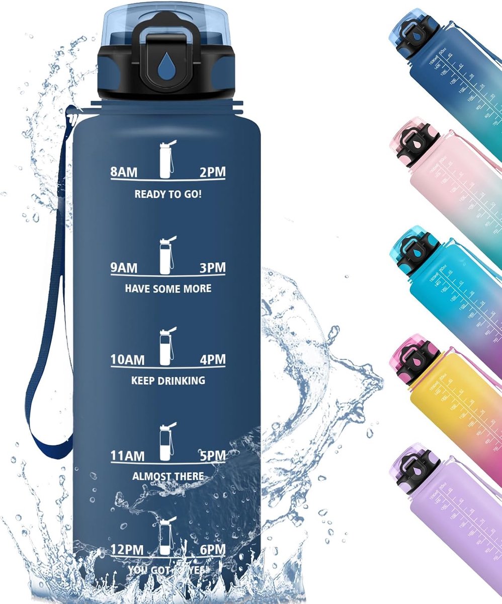 Drinkfles, 1500 ml, sportfles, lekvrij, motiverende sportfles, met filter, waterfles voor school, kantoor, studie, fitness