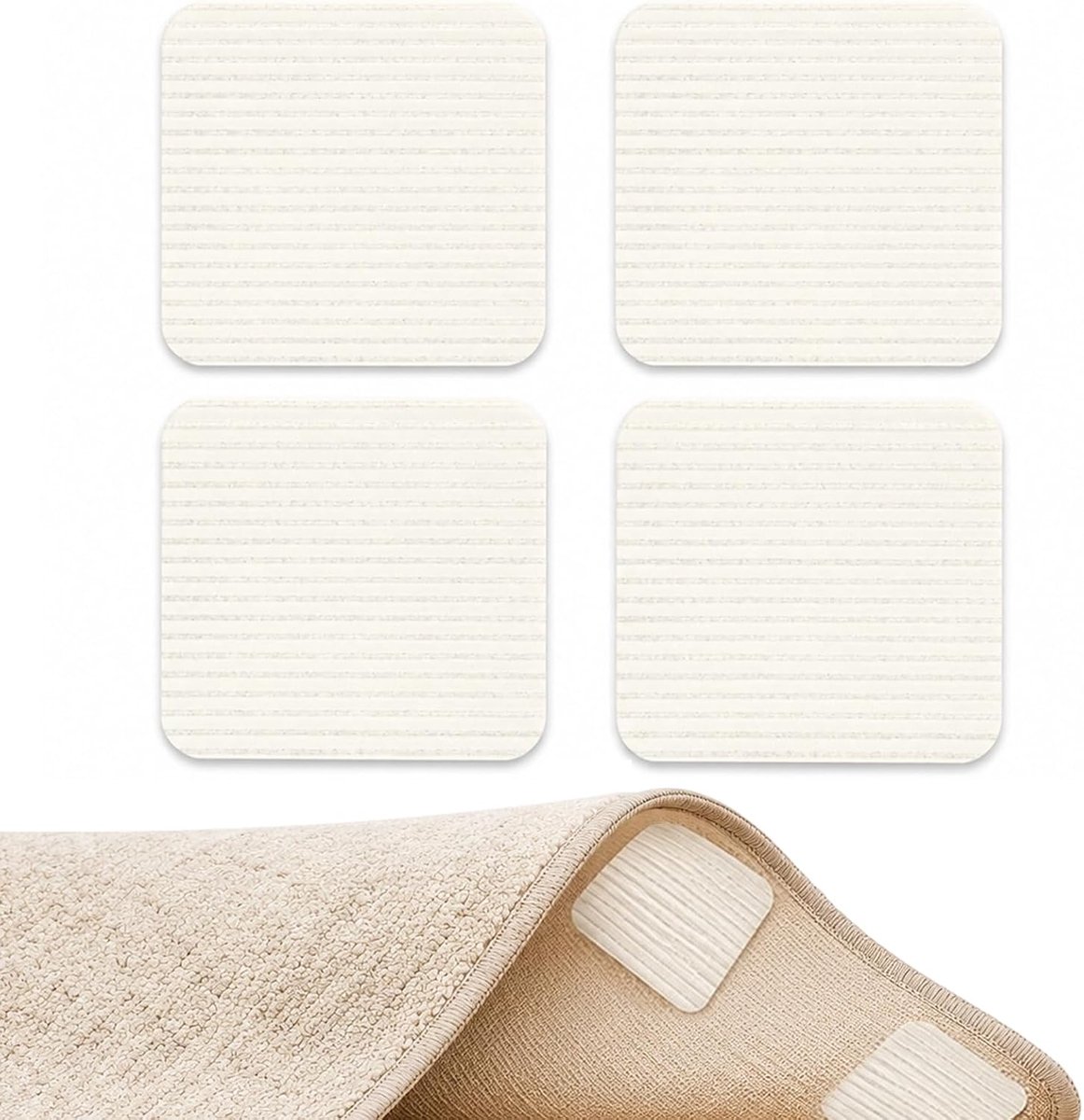 4 stuks, antislip, voor tapijten, 10 x 10 cm, bevestigingsstickers voor hoeken, geschikt voor vloerverwarming, antislip onderkant, wasbaar, voor tegels en parket, wit