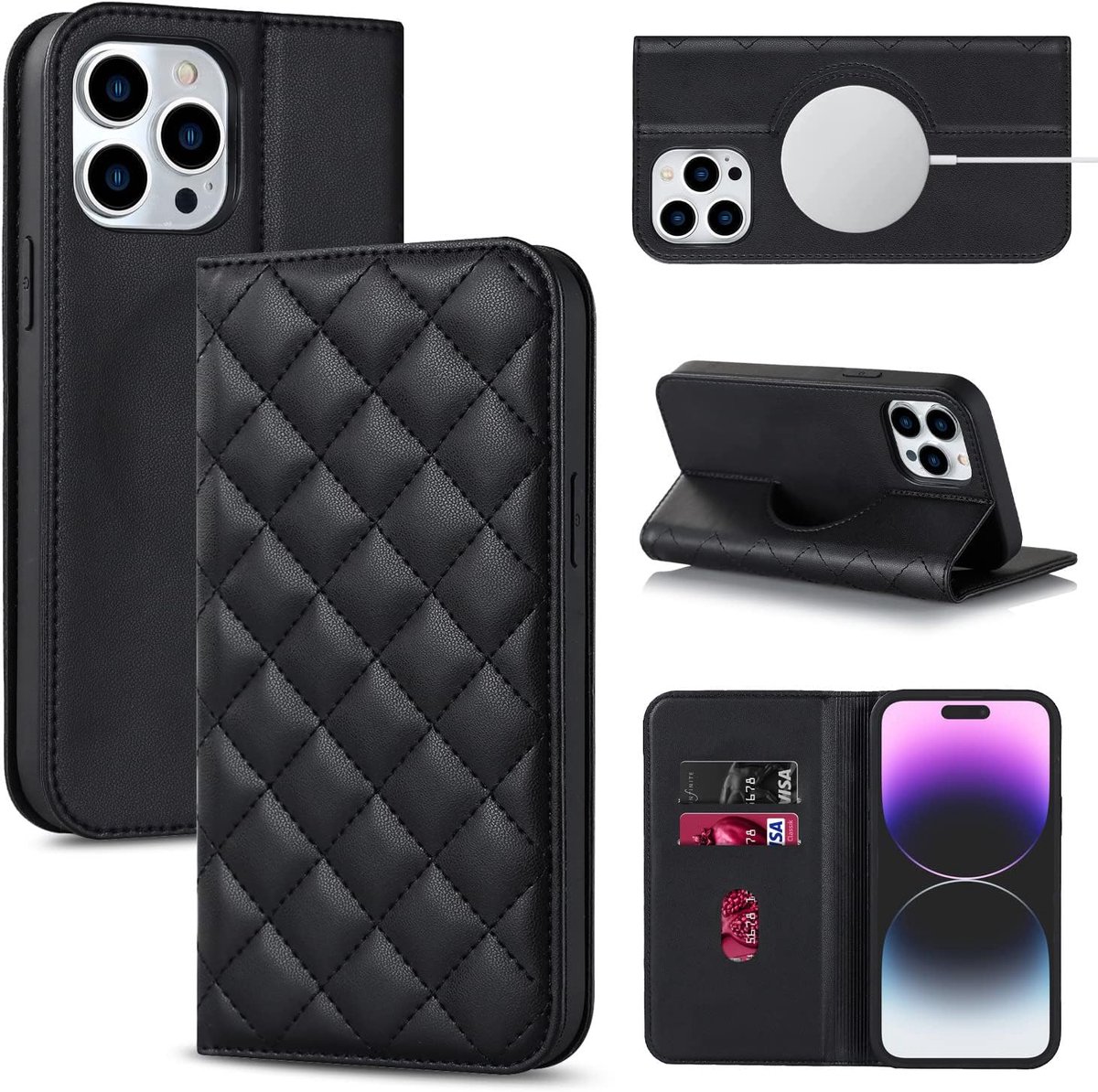 Hoes voor mobiele telefoon voor Apple iPhone 13, PU-leren klaphoes, compatibel met MagSafe-telefoonhoes met standfunctie en magneetsluiting, schokbestendig, flip beschermhoes, zwart
