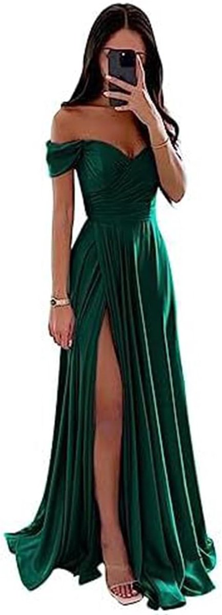 Schoudervrije bruidsmeisjesjurk voor dames, satijn, lange split, elegante formele avondjurk, A-lijn, bruiloft en partyjurk