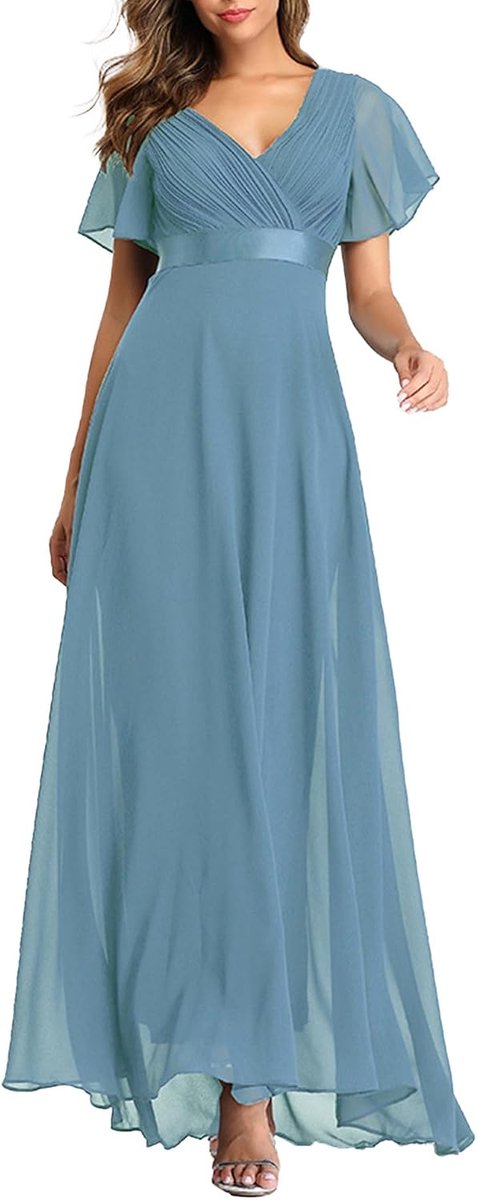 Avondjurken voor dames, riem, A-lijn, chiffon, bruidsmeisjesjurk, V-hals, elegante lange baljurk