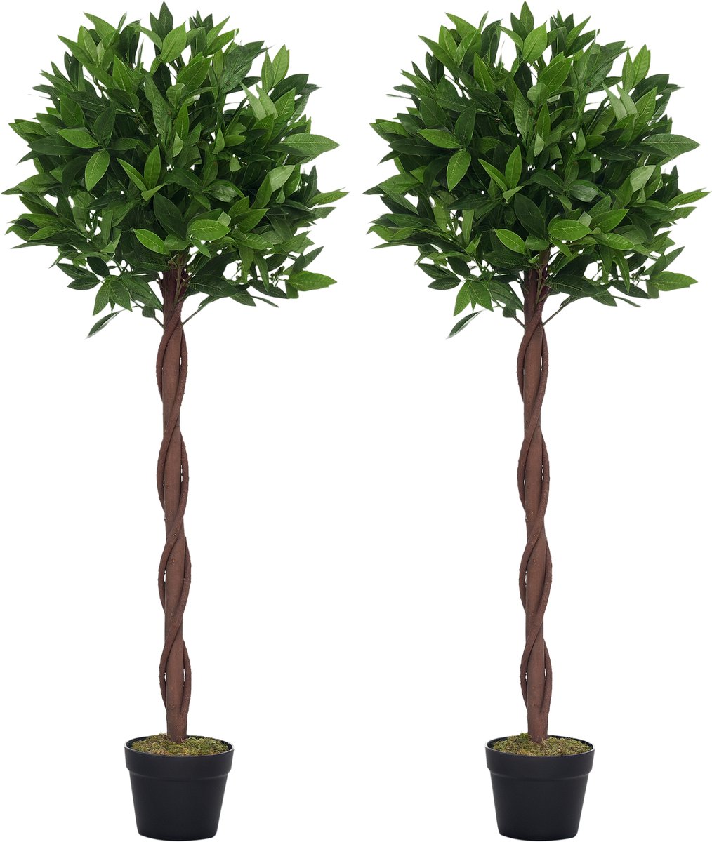 Set van 2 kunstmatige laurierboom - 120 cm kunstplanten in cementpot - decoratieve planten - 741 levensechte bladeren - groen