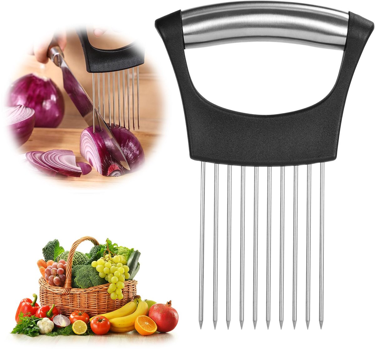 RVS Uienhouder voor Snijden - Keuken Snijhulp voor Uien, Komkommer, Tomaat, Fruit & Avocado - Handige Groentesnijder met Snijgeleider - Veilig Snijden Zonder Verschuiven - Keukenaccessoire