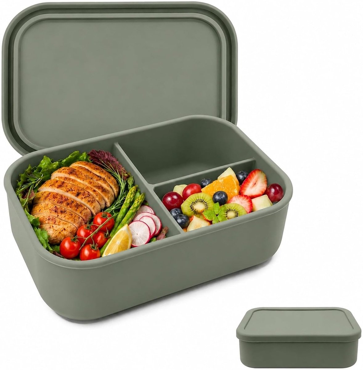 Broodtrommel met vakken, lunchbox, siliconen broodtrommel, 800 ml, voor school, magnetron, vaatwasmachinebestendig, broodtrommel voor kinderen met 3 vakken, BPA-vrij
