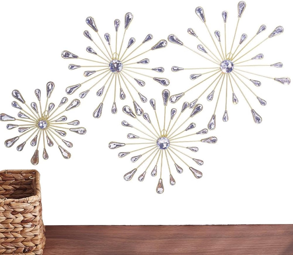 4 stuks sterrenbloem muurdecoratie bling muurkunst glanzende steentjes zonnestraal waterdruppel decor moderne accent sculpturen decoraties voor thuis woonkamer entree slaapkamer, goud