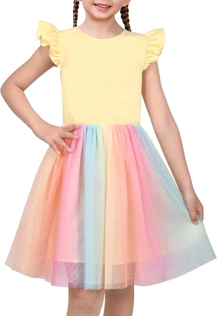 Jurk Roze Pailletten Bruiloft Hallo laag Tule Rok Tutu Flutter mouw 4-8 jaar