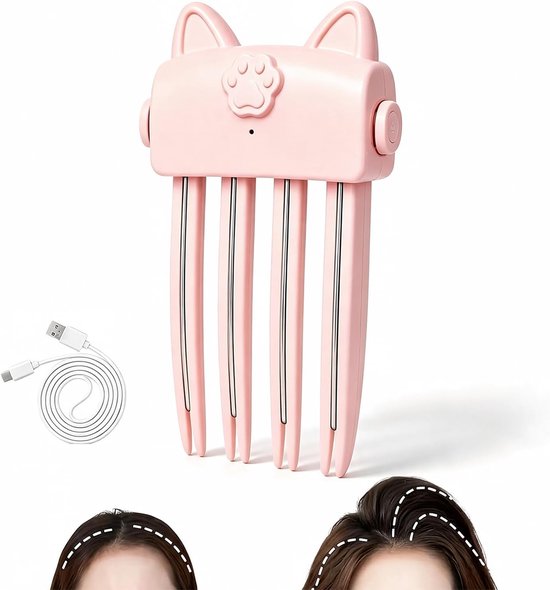 Roze, katvormige verwarmde haarclip met oplaadkabel. Twee afbeeldingen van haarwortels voor en na.