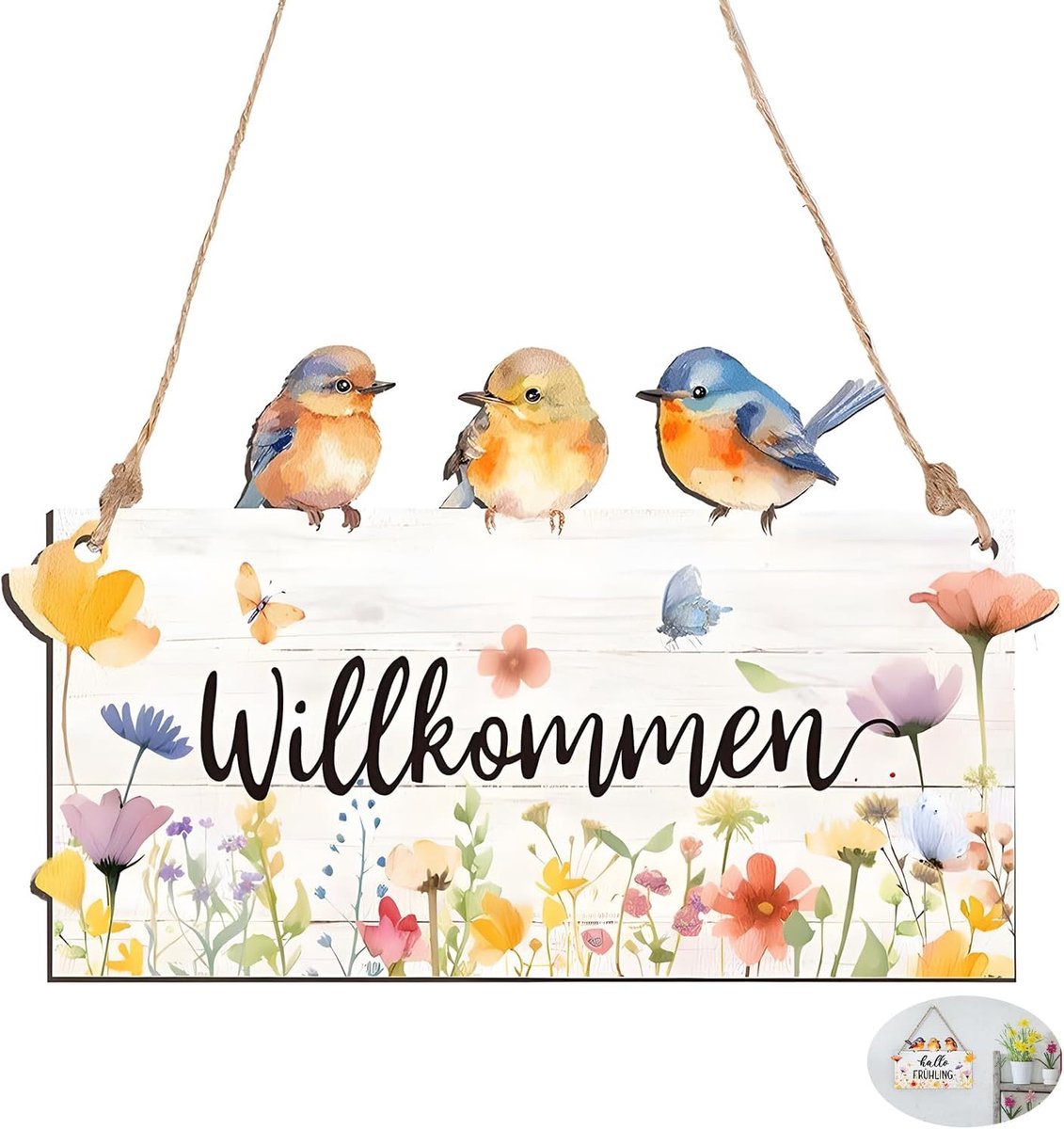 Schild, 20 x 12 cm Pasen Decoratie voor voordeur Hallo Lente Tuindecoratie Deurhanger Paasdecoratie Lente Decoratie Vintage Hangdecoratie met touw Vogel Bloemen Dubbelzijdig Voor Decoratie van