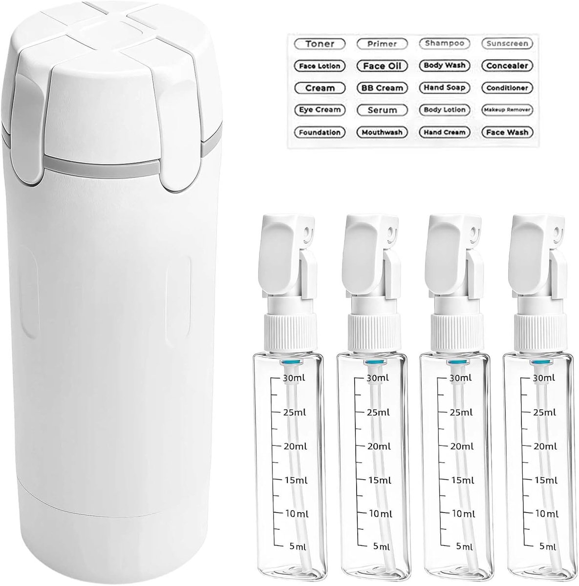 4-in-1 navulbare reisflessen, siliconen reiscontainer met labels, lekvrije vloeistofcontainer, onmisbaar, reisgadgets, vliegtuig, voor cosmetica en verzorging