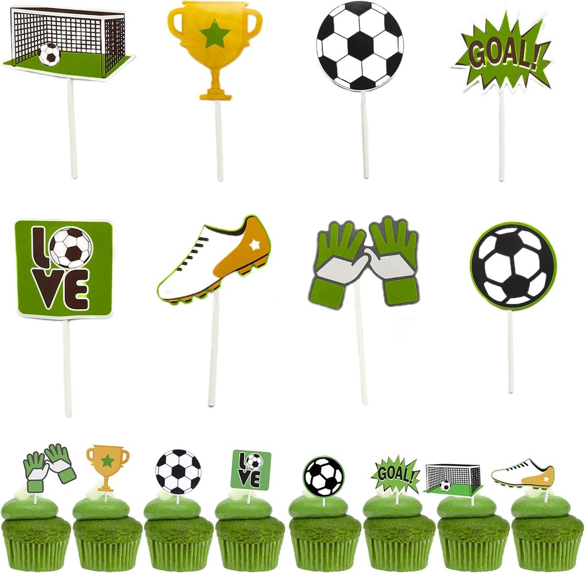 Taarttoppers voetbal - 24 stuks taartdecoratie Happy Birthday taarttopper verjaardag voetbal taart voor verjaardagstaarten decoraties in feestdecoratie kinderen taartdecoratie